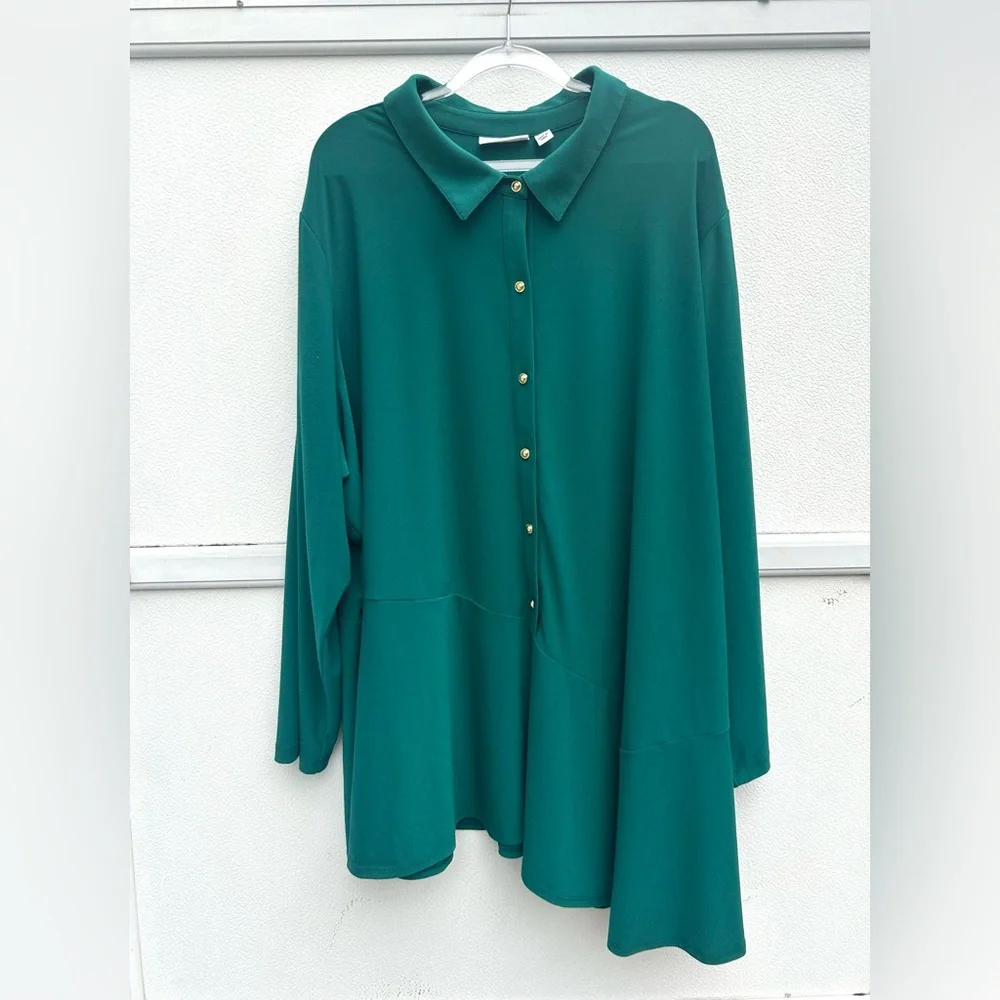 Susan Graver Liquid Knit Top 4X Asymmetrical Hem Kelly Green Button Front Tunic - Picture 9 of 11